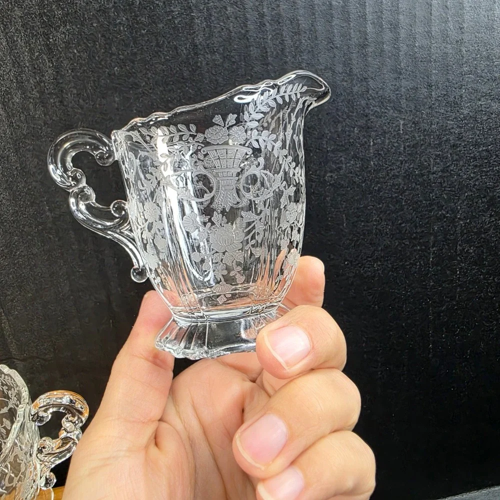 Crystal Glass Creamer and Sugar Bowl Set Etched Filigree Floral Holiday Wedding